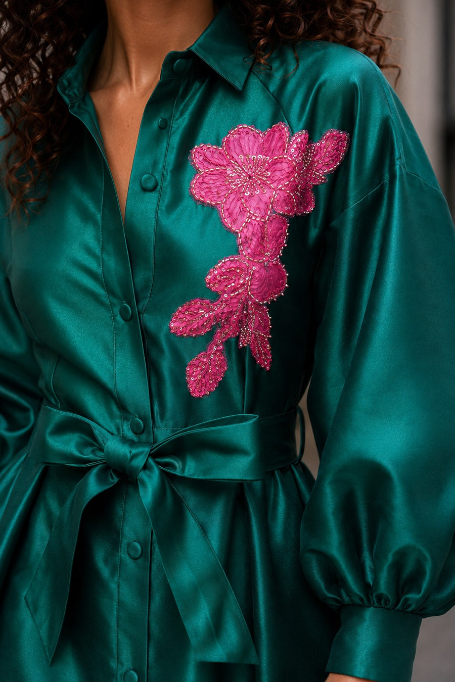 T260036 BEADED FLOWER APPLIQUE MAXI DRESS (GRN, PNK)