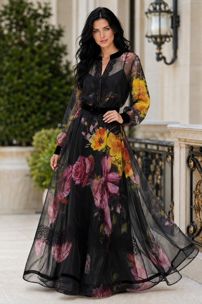 P0258 FLORAL PRINT ORGANZA MAXI DRESS