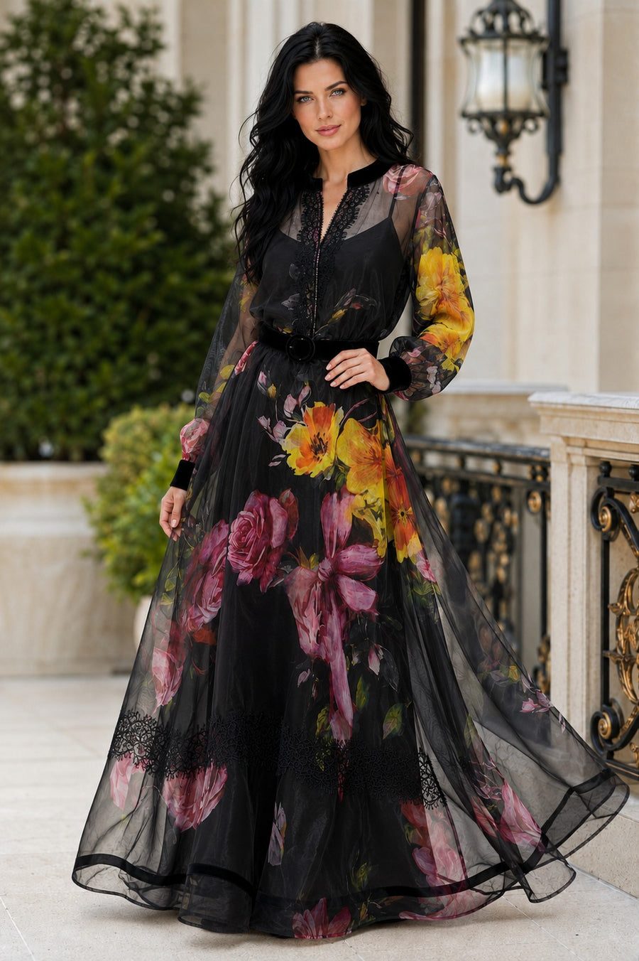 P0258 FLORAL PRINT ORGANZA MAXI DRESS