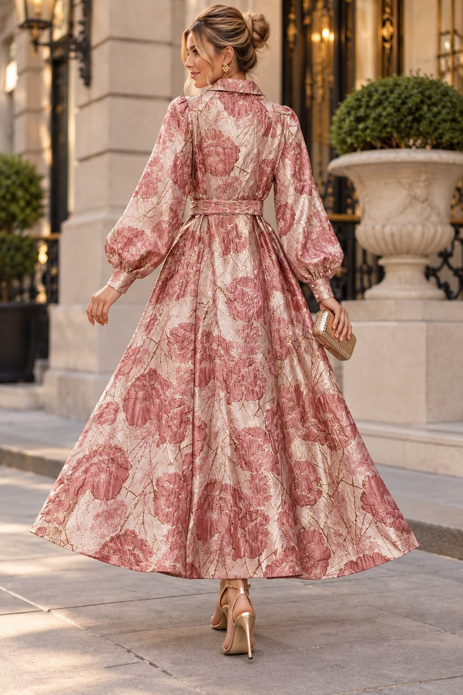 T26050 LUXE BROCADE BUTTON-FRONT MAXI DRESS