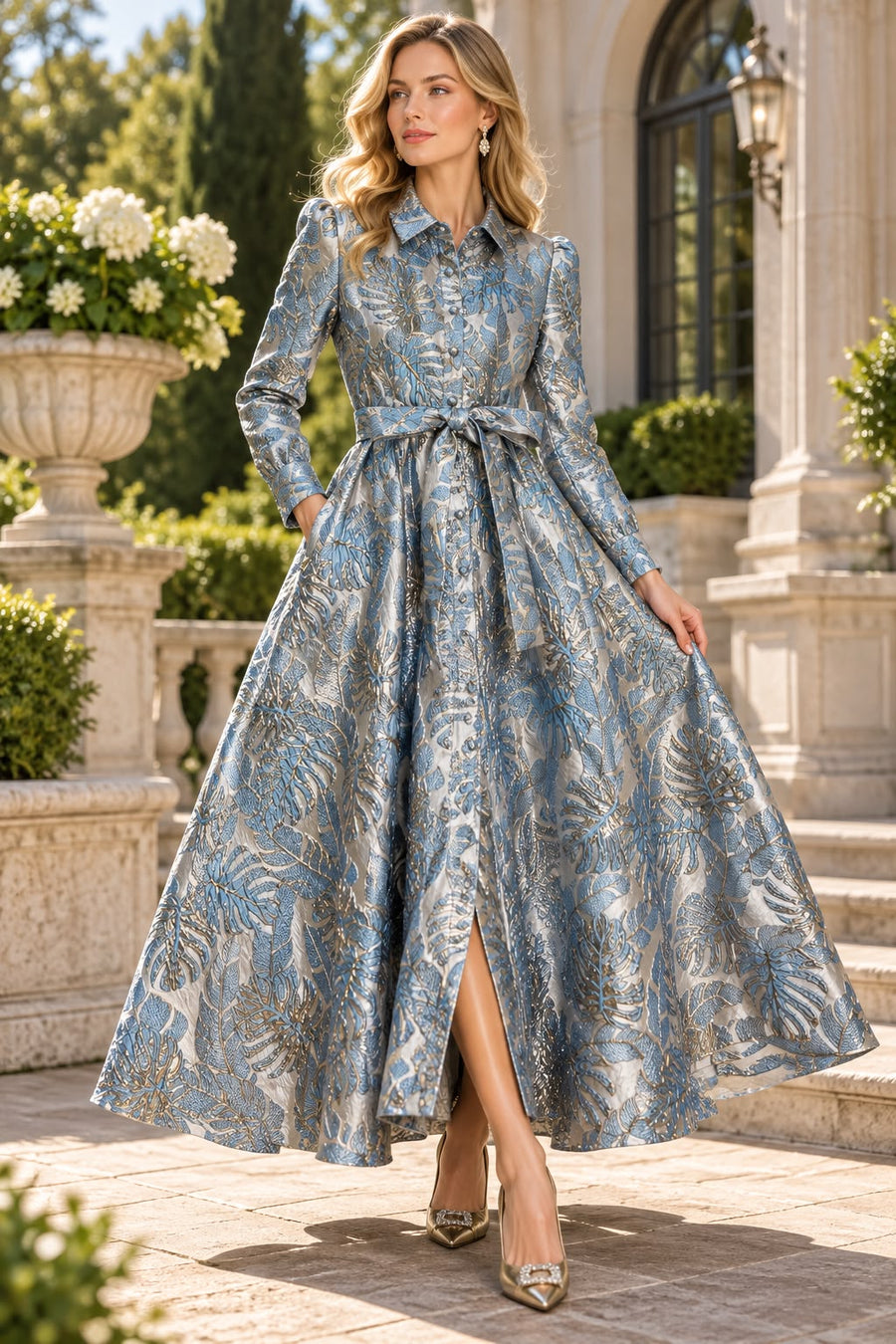 GF17862 TROPICAL FERN BROCADE MAXI DRESS (SPRING)
