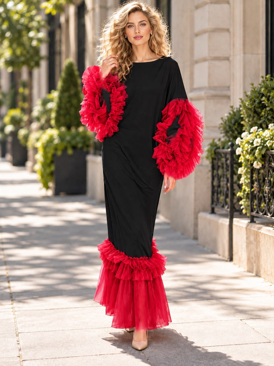 Q1334 OLD HOLLYWOOD RUFFLE DRESS (PURPLE, RED)