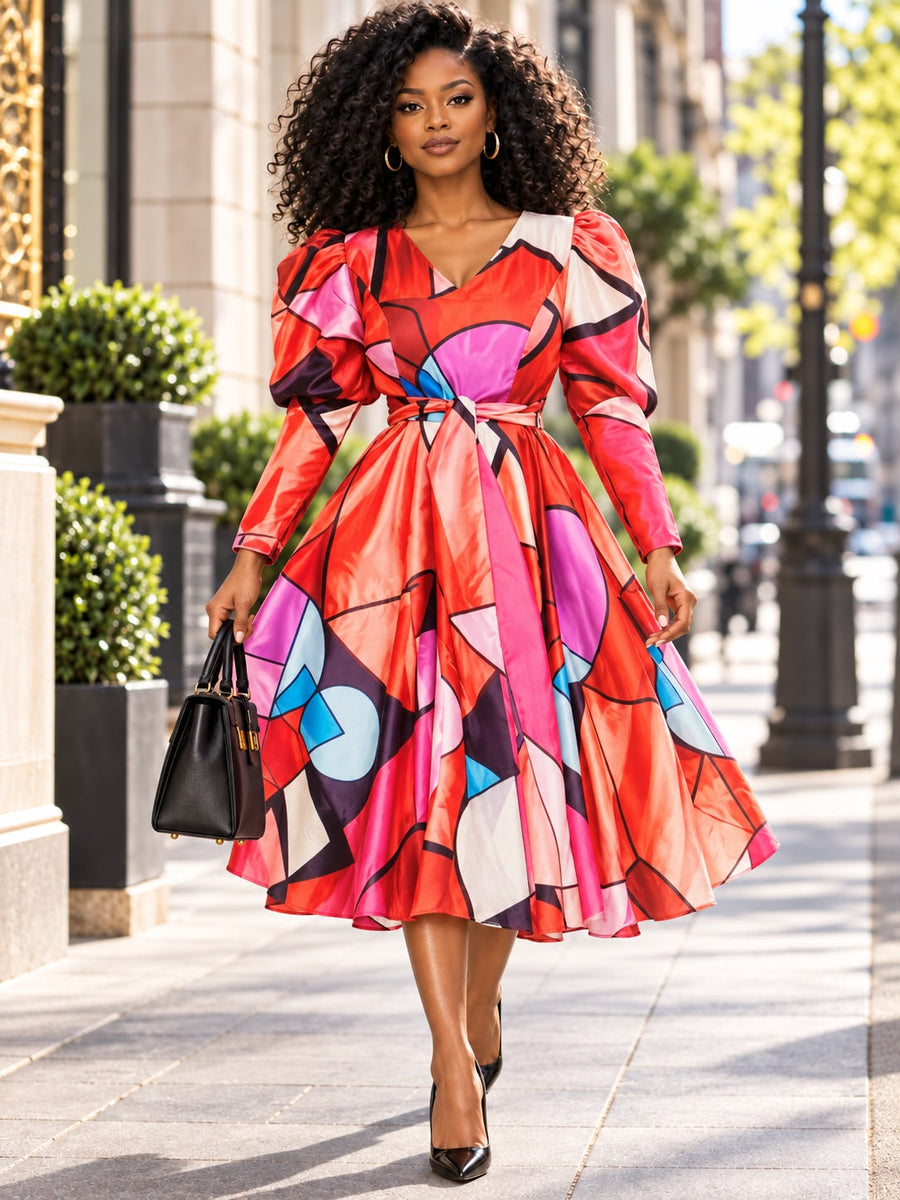 SY1005 ABSTRACT GEOMETRIC PRINT MIDI DRESS