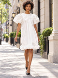 W3071 NECK BOW PUFF SLEEVE MINI DRESS (S, M)