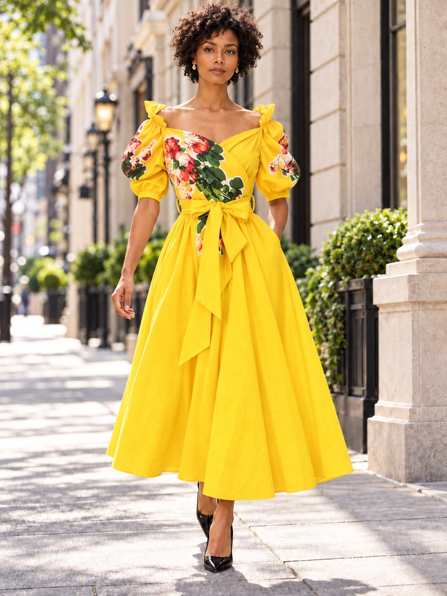 S262 GRAPHIC FLORAL MAXI DRESS (WHT, MUSTARD)