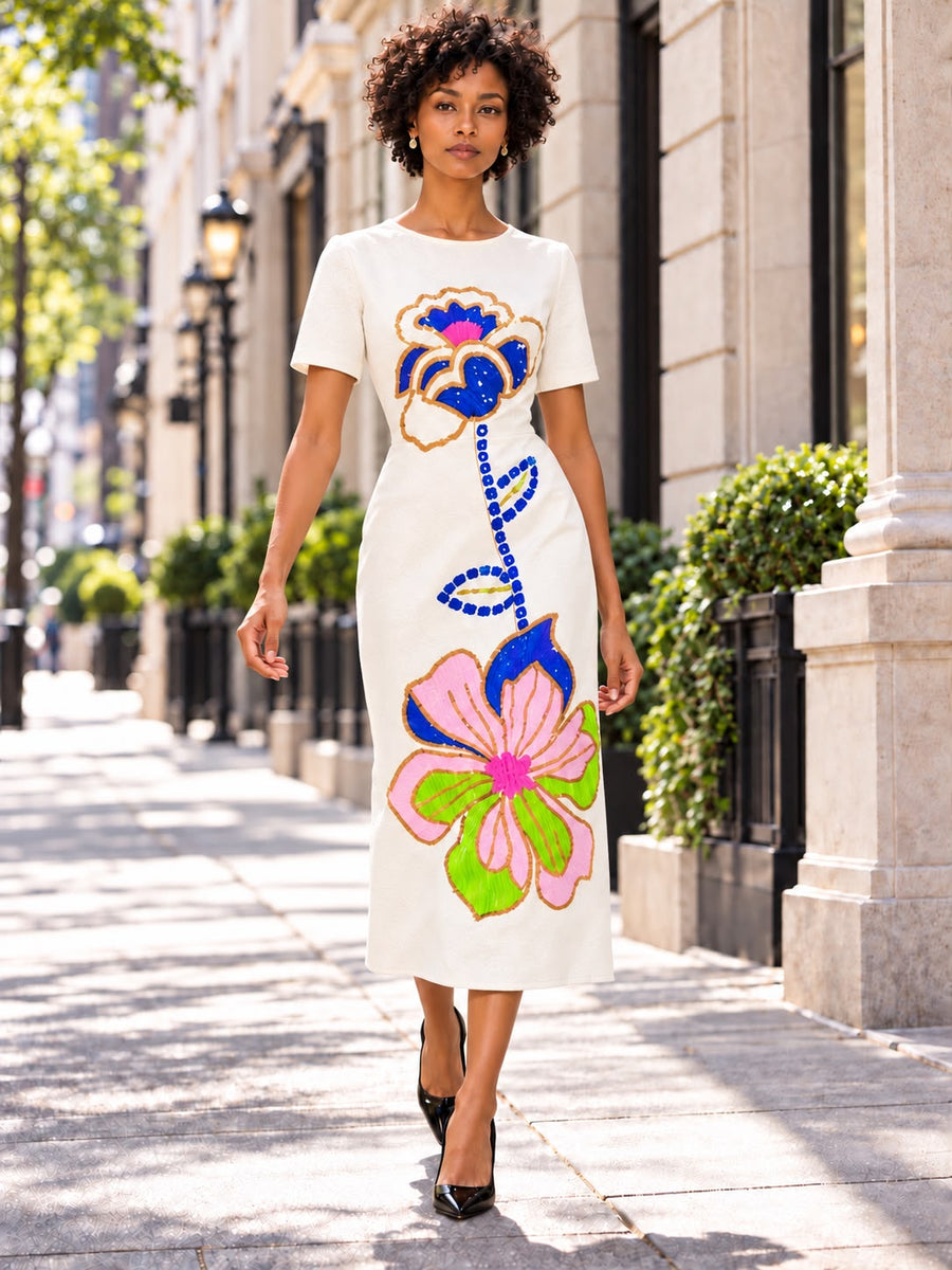 S2178 FLORAL GRAPHIC MIDI DRESS (WHT, LIME)