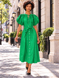 W5071 PUFF SLEEVE BUTTON DOWN MAXI DRESS (BLK, GRN, WHT)