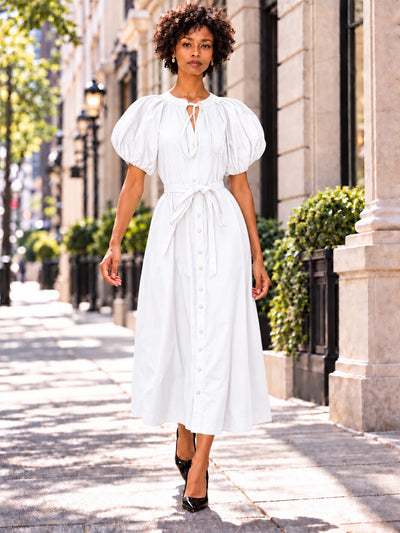 W5071 PUFF SLEEVE BUTTON DOWN MAXI DRESS (BLK, GRN, WHT)