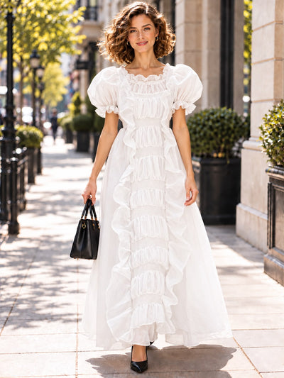 T13956 PUFF SLEEVE RUFFLE MAXI DRESS