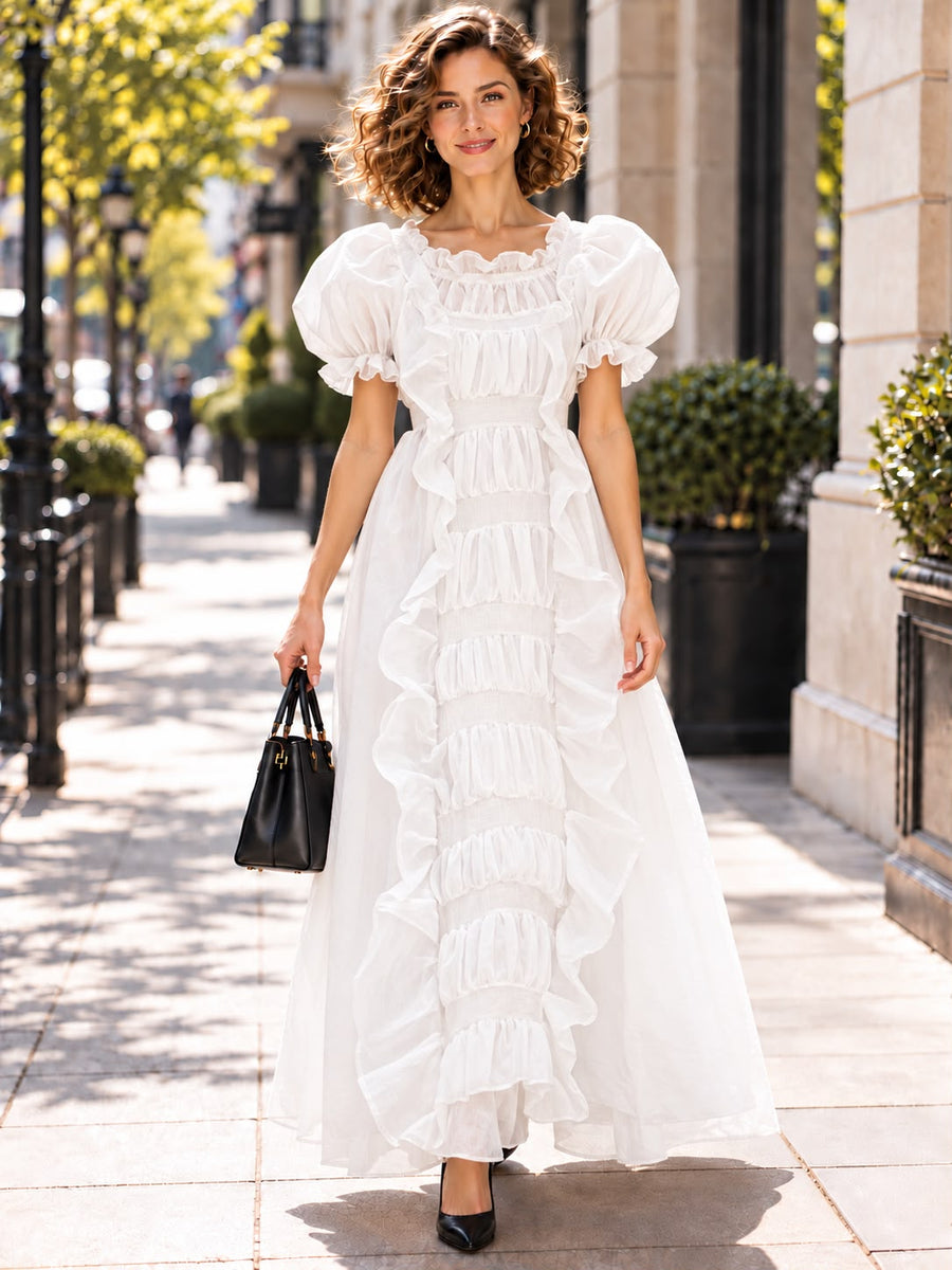 T13956 PUFF SLEEVE RUFFLE MAXI DRESS