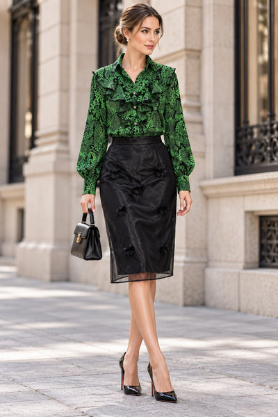 K5010B BOW APPLIQUÉ SHEER OVERLAY MIDI SKIRT (BLK, WHT)