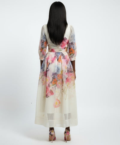 X2502 FLORAL PIPING SHEER MAXI DRESS