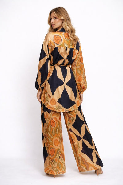 X8023 SATIN BOHEMIAN PLEATED PANTS SET