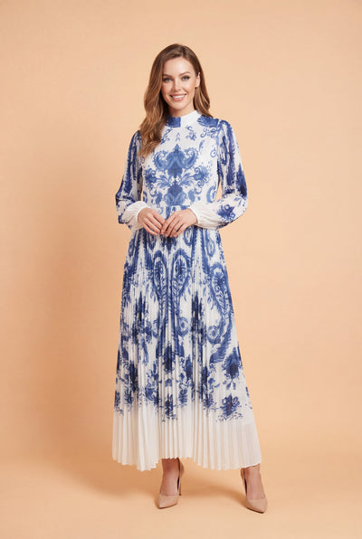 X8046 SCROLL PRINT PLEATED MAXI DRESS
