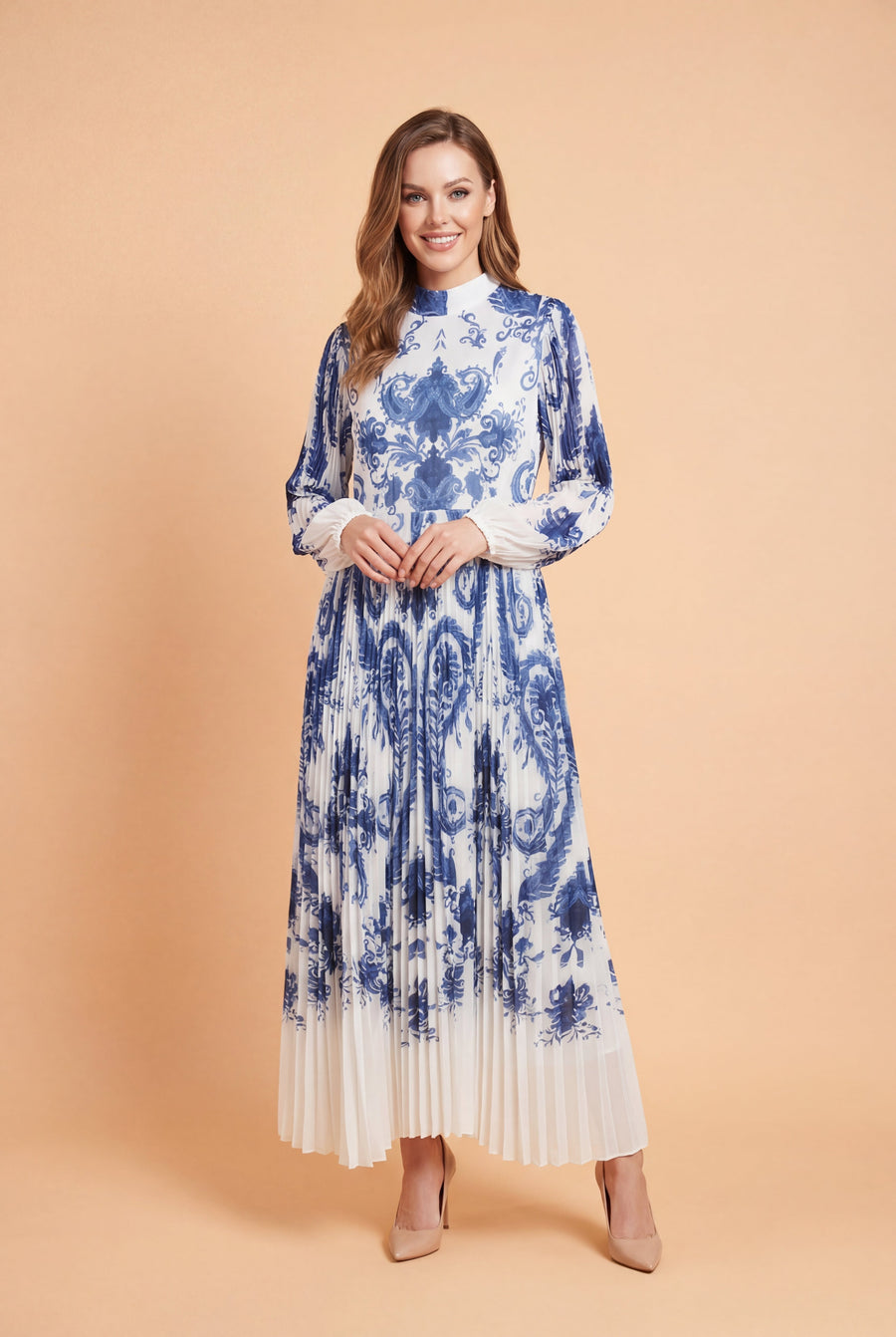 X8046 SCROLL PRINT PLEATED MAXI DRESS