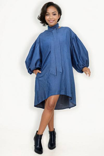 T8327 HI-LO PUFF SLEEVE DRESS