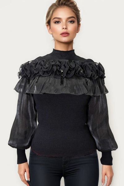 X7875 BEADED FRINGE RUFFLE TOP