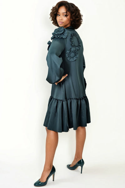 X7784 RUFFLE FLOWER DRESS (BLK, GRN)