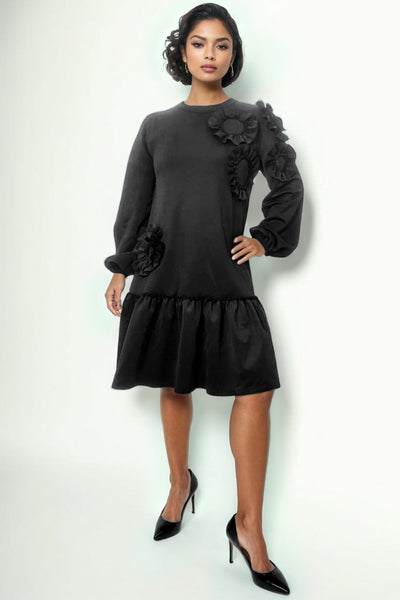 X7784 RUFFLE FLOWER DRESS (BLK, GRN)