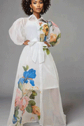 A95012 SHEER FLORAL BUTTON DOWN DRESS