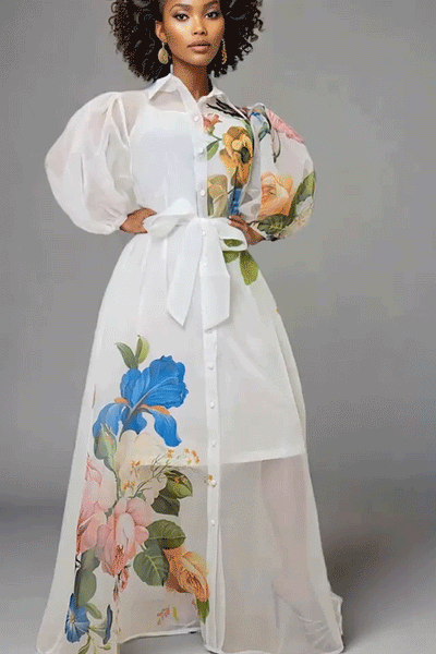 A95012 SHEER FLORAL BUTTON DOWN DRESS