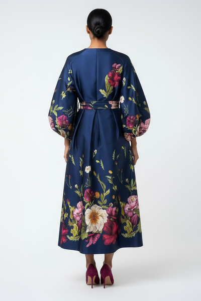 A95116 FLORAL PUFF SLEEVE DRESS (BLK, BLUE)