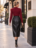 T1205A FAUX LEATHER FRONT SLIT MIDI SKIRT (WINE, BLK)