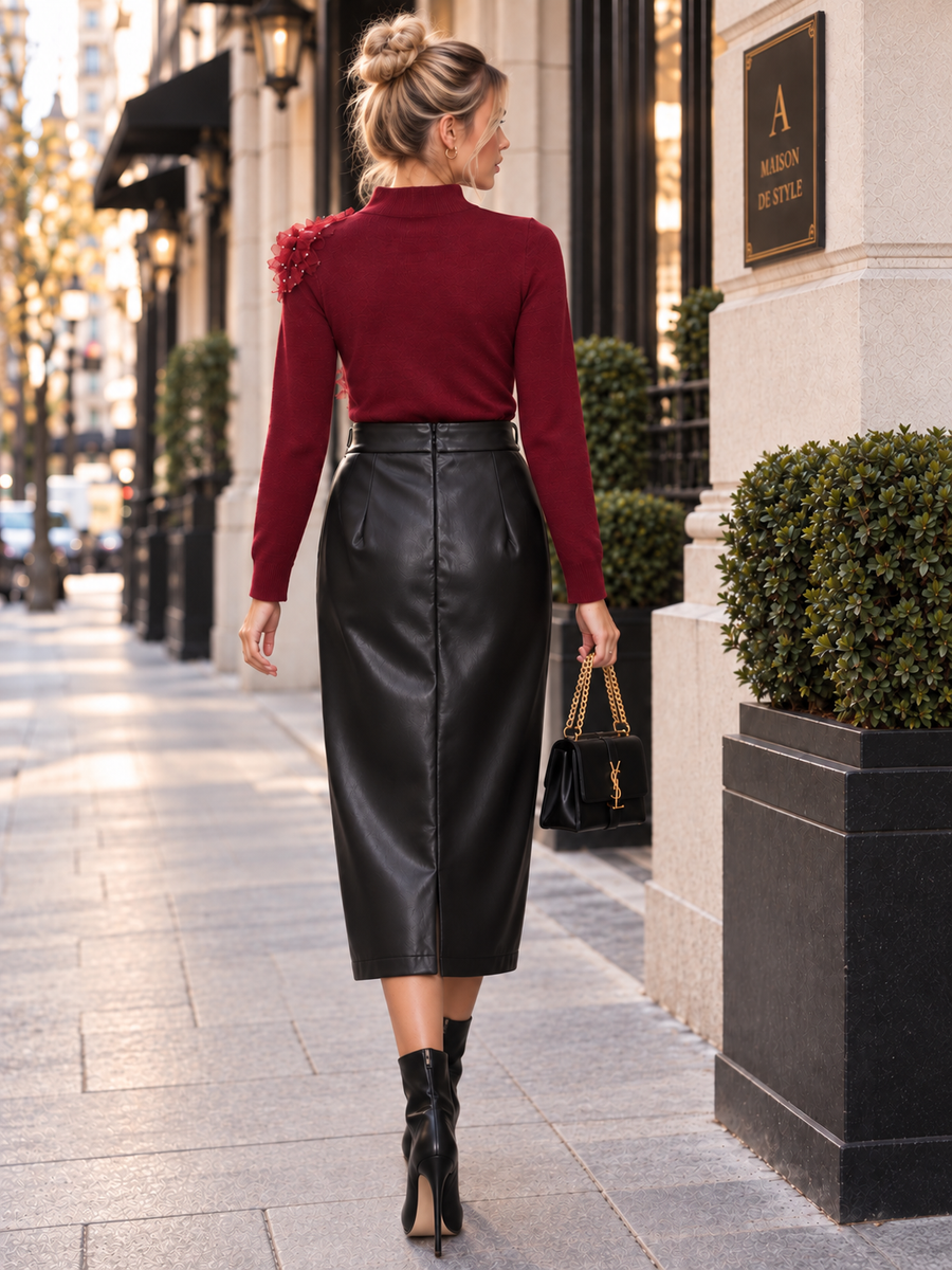 T1205A FAUX LEATHER FRONT SLIT MIDI SKIRT (WINE, BLK)