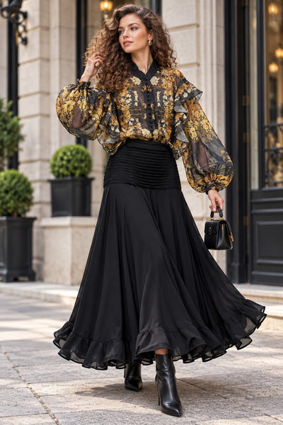 X8082 PLEATED FLOUNCE MAXI SKIRT (BLK, RD)