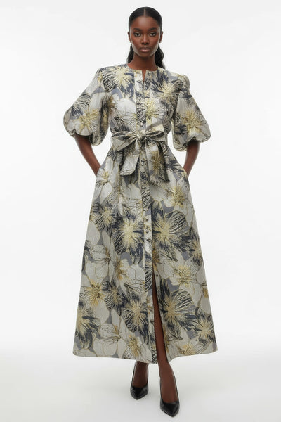 A95137 BROCADE BUTTON DOWN MAXI DRESS