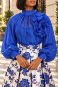 T260020 DRAMATIC FLOWER APPLIQUE PUFF SLEEVE TOP (BLU, YEL)