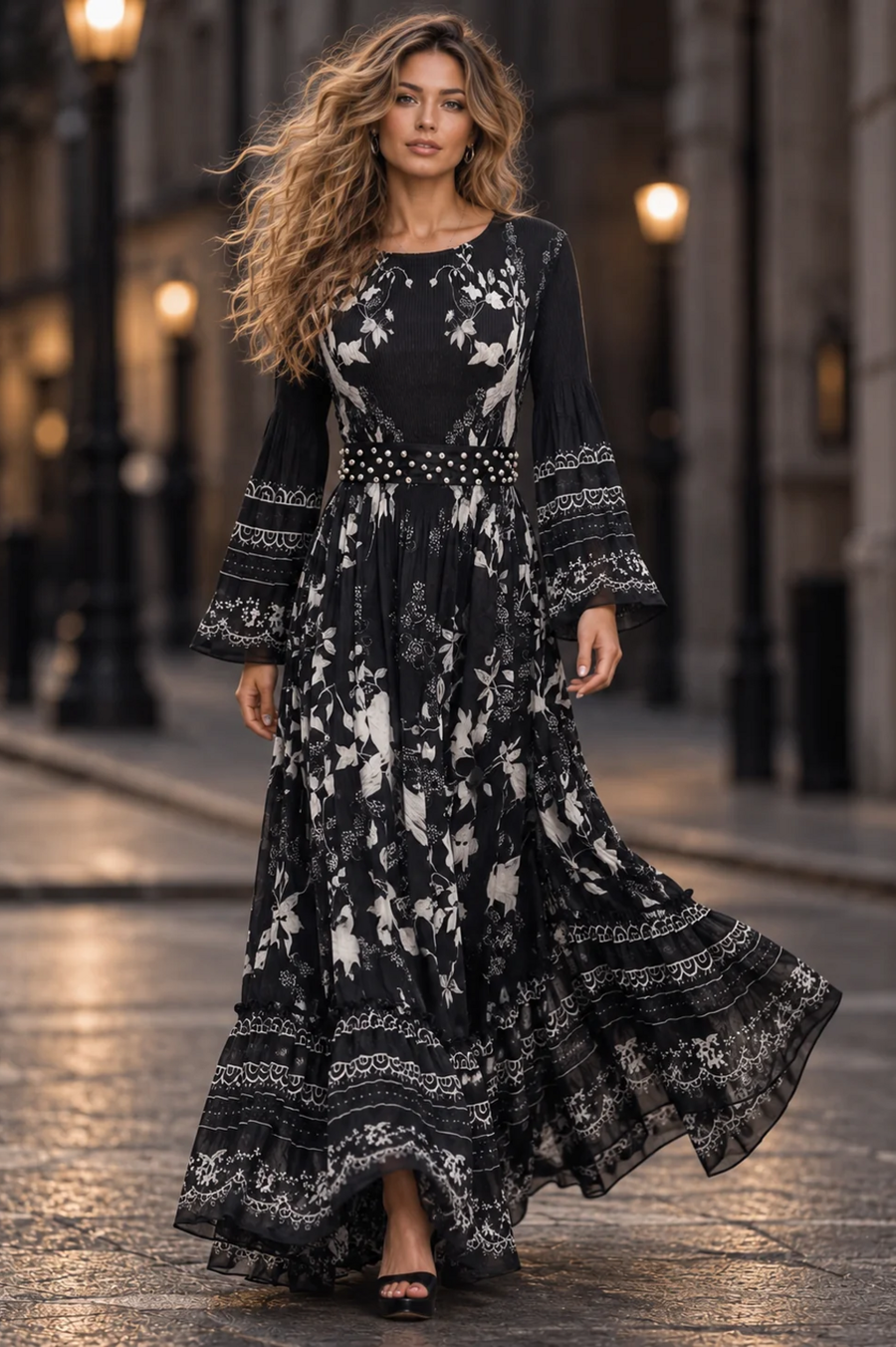 GF17969 BOTANICAL PRINT FLARE SLEEVE MAXI DRESS