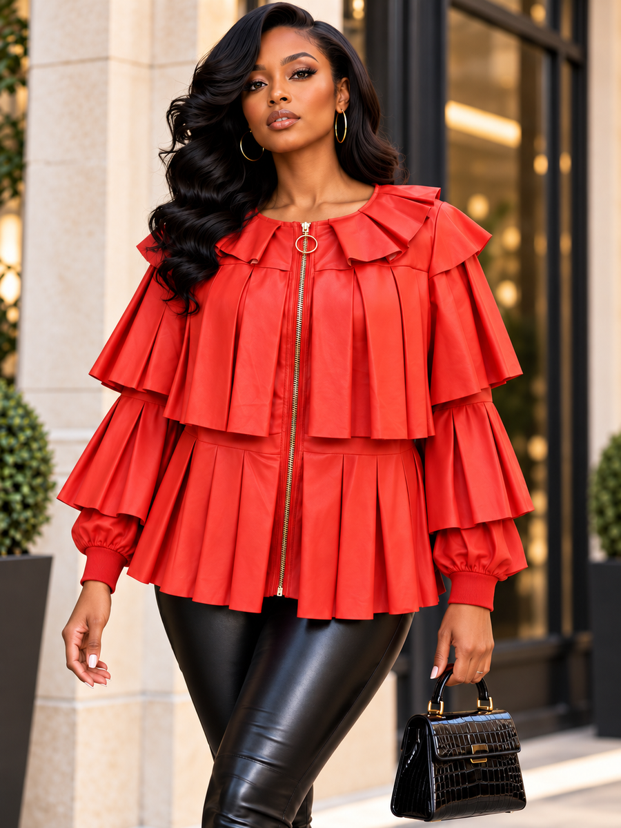 X7566 RUFFLED LEATHER JACKET TOP (BLK, RED, MUST, PINK)