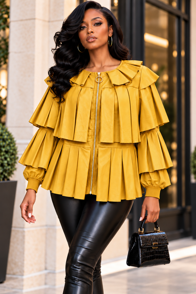 X7566 RUFFLED LEATHER JACKET TOP (BLK, RED, MUST, PINK)