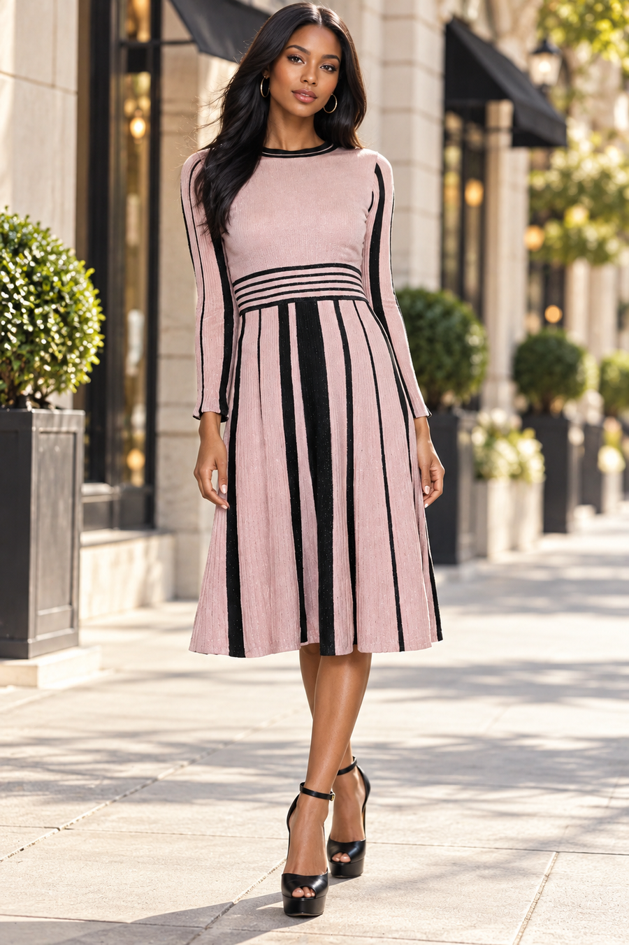 F2048 STRIPED SWEATER MIDI DRESS (PINK, NAVY)