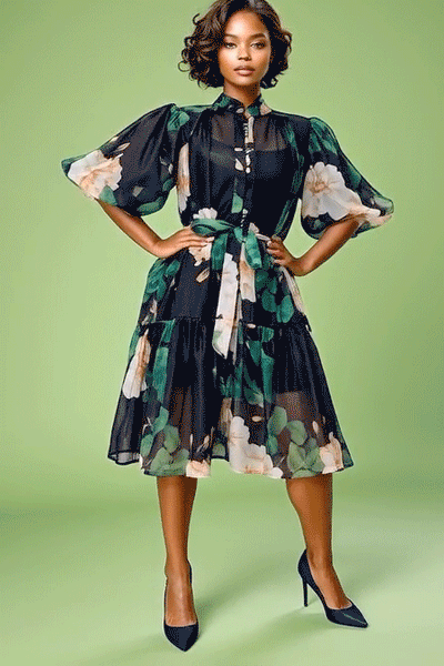 GF1261 TIERED PUFF SLEEVE DRESS