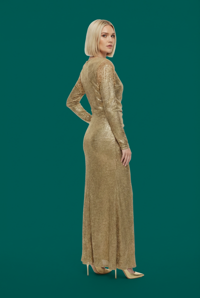 C3541 MAJESTIC FRINGE SHOULDER LUREX DRESS