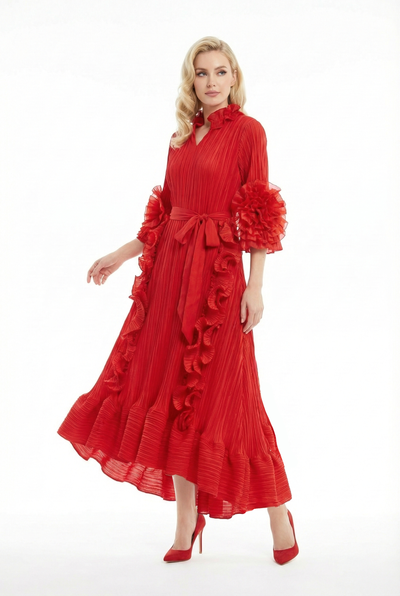 NY0030 RUFFLE ROSE PLEATED DRESS
