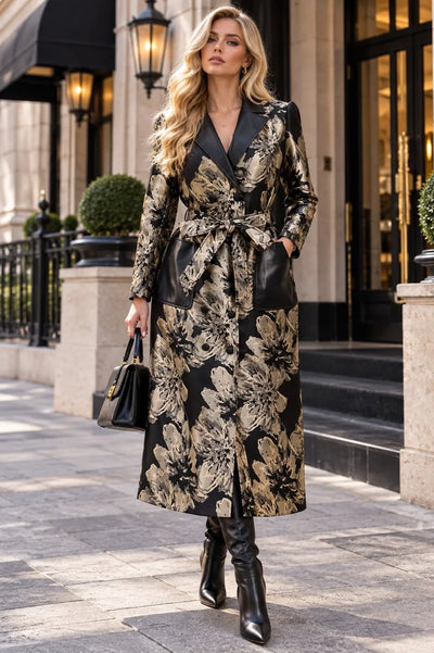 TL0061 METALLIC FLORAL JACQUARD BELTED MIDI JACKET DRESS