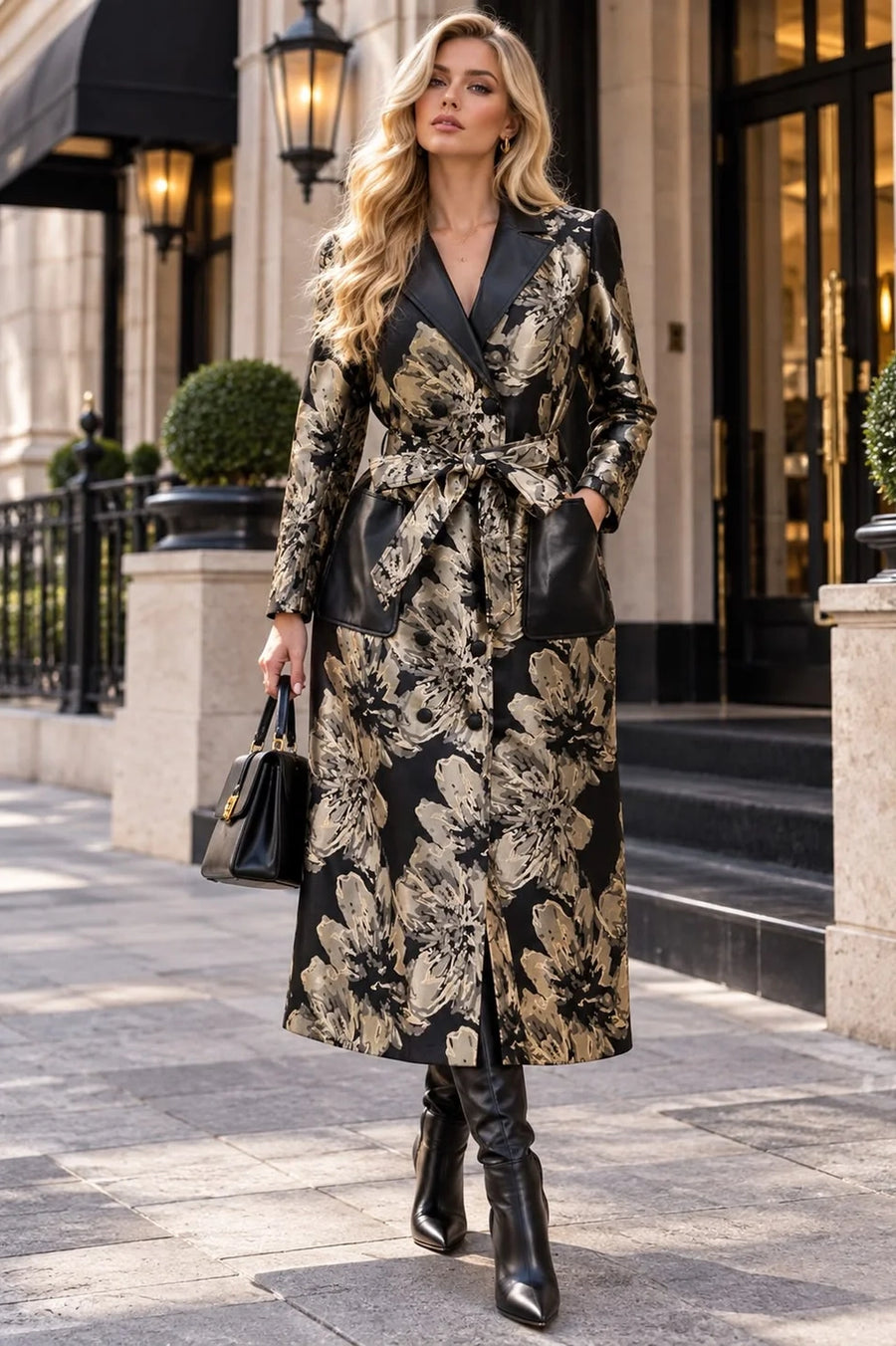 TL0061 METALLIC FLORAL JACQUARD BELTED MIDI JACKET DRESS