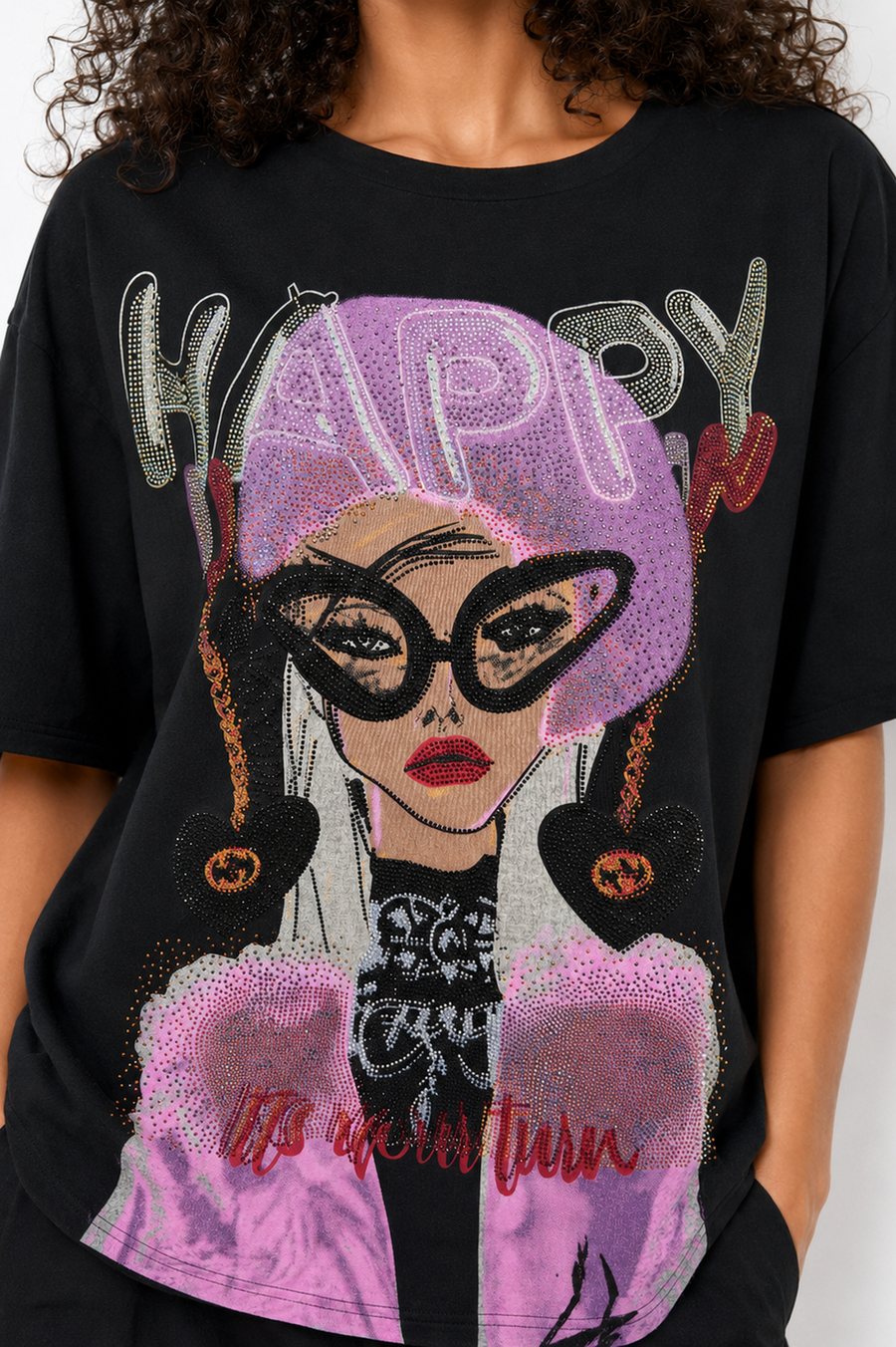 TL0005 HAPPY GLAM RHINESTONE T- SHIRT TOP (BLK, WHT)