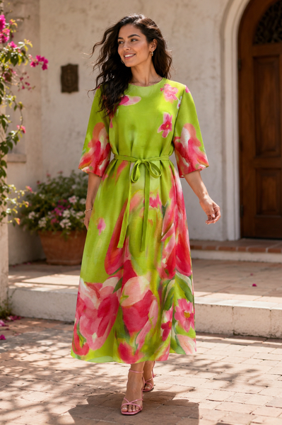 N2632 WATER COLOR  FLORAL  CRINKLE MAXI DRESS