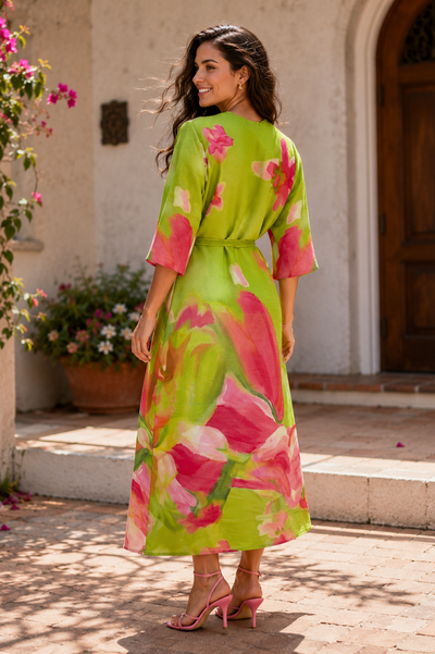 N2632 WATER COLOR  FLORAL  CRINKLE MAXI DRESS