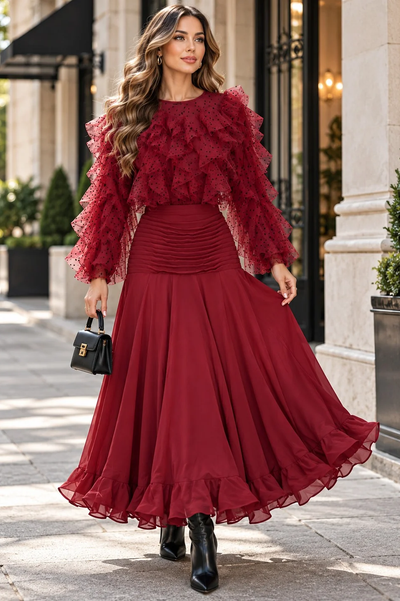 X8082 PLEATED FLOUNCE MAXI SKIRT (BLK, RD)