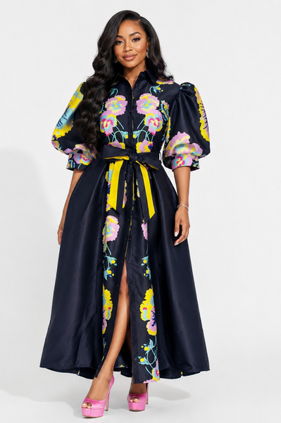 W6628 FLORAL PUFF SHORT SLEEVE MIKADO DRESS (ONLY SMALL)