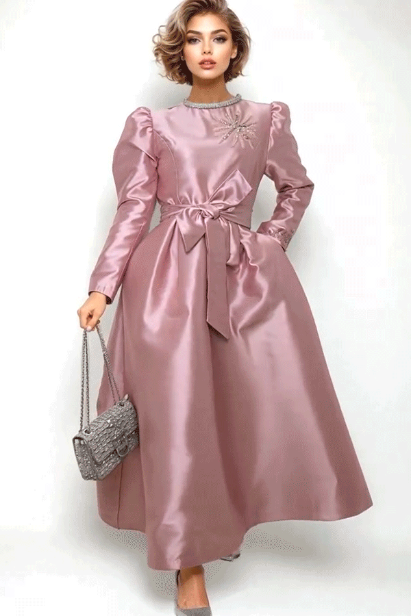 pink long sleeve rhinestone dress Quiet Luxury Pink Rhinestone Collar Long Sleeve Maxi Dress
