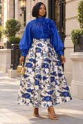 T260020 DRAMATIC FLOWER APPLIQUE PUFF SLEEVE TOP (BLU, YEL)
