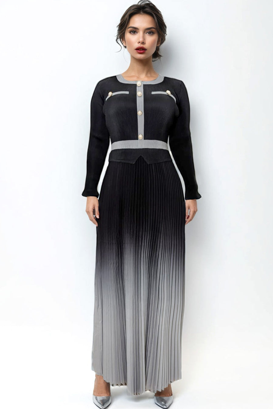 N2447 GREY OMBRE PLEATED DRESS