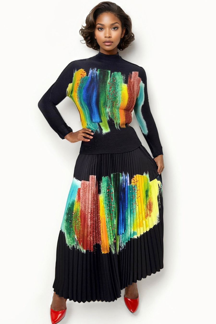 N2514B PAINTSTROKE PLEATED SKIRT