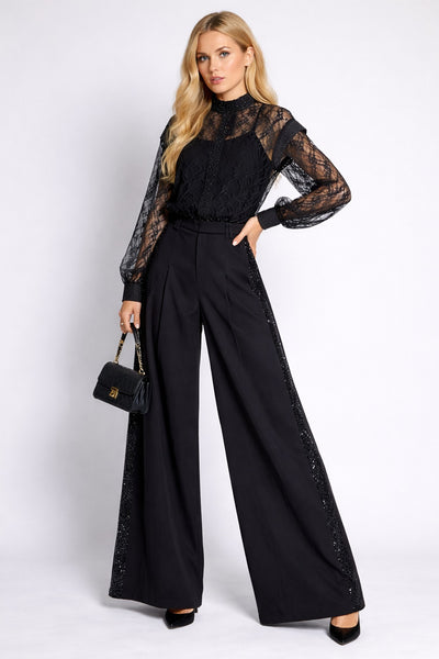 A94051 LUXE GLITTER SIDE PANEL WIDE-LEG PANTS